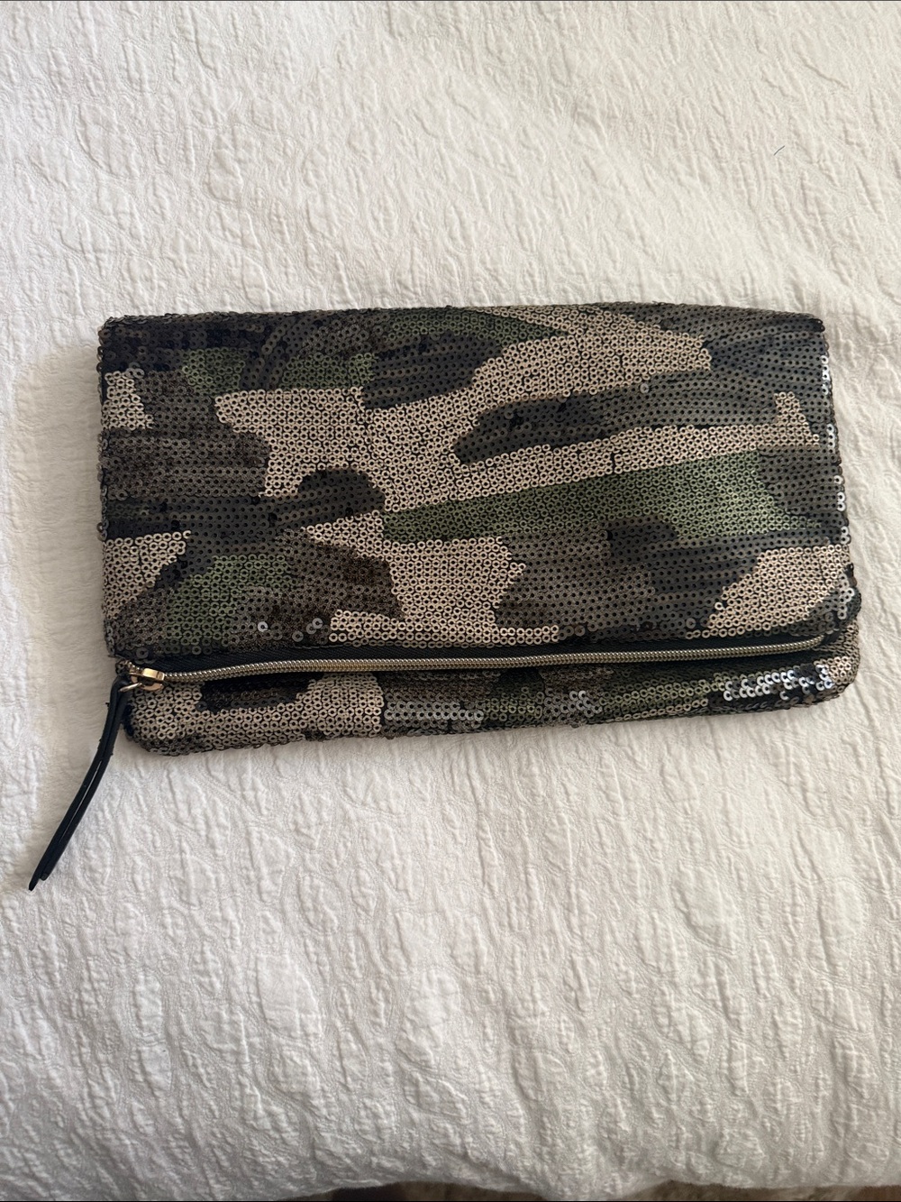 Stella & Dot Sequined Camo Foldover Clutch - Green, Black, Tan